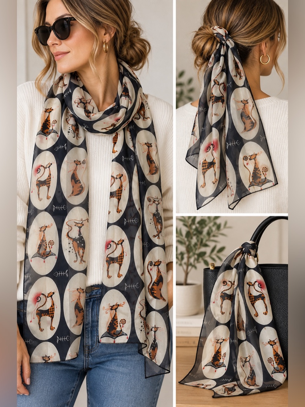 Vtg Cat Print Scarf 58x14 Silk Feel Retro Novelty Mod Kitsch Eclectic Statement
